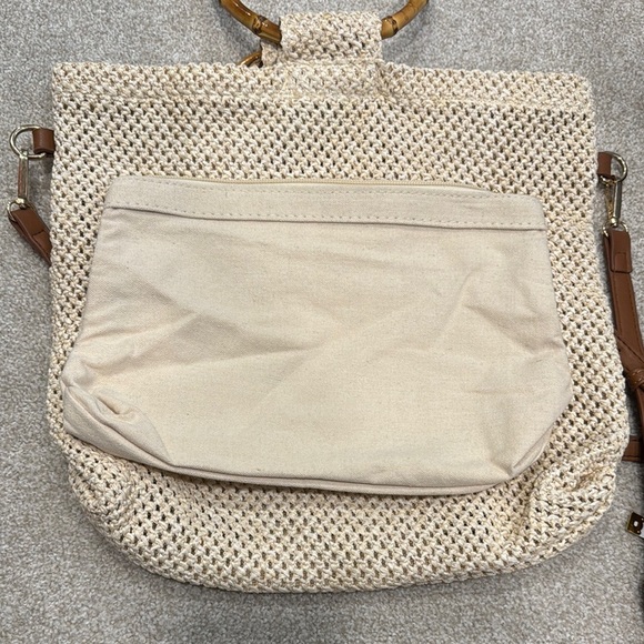 Cream and Brown Crescent Shoulder Bag with Bamboo Accent - Picture 5 of 6